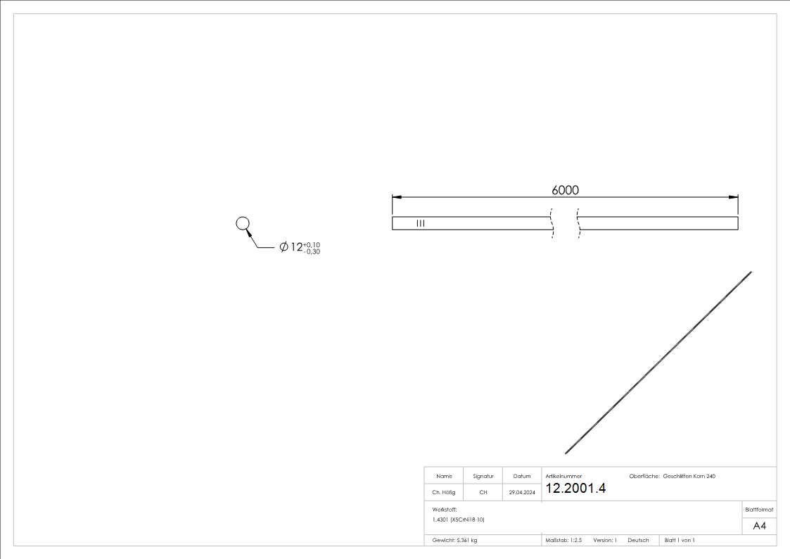 Rundstab Ø 12 mm á 6 m V2A Edelstahl-12-2001.4