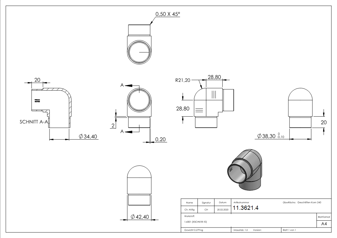 Eckbogen 90° eng- fuer Rundrohr Ø 42-4x2-0 mm V2A-11-3621.4