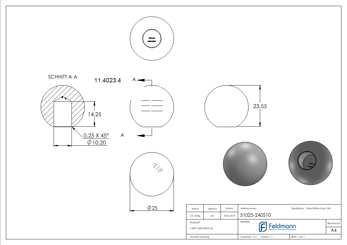 Kugel - Ø 25 mm - mit Sackloch- 10-2 mm - V2A Vollmaterial-11-4023.4