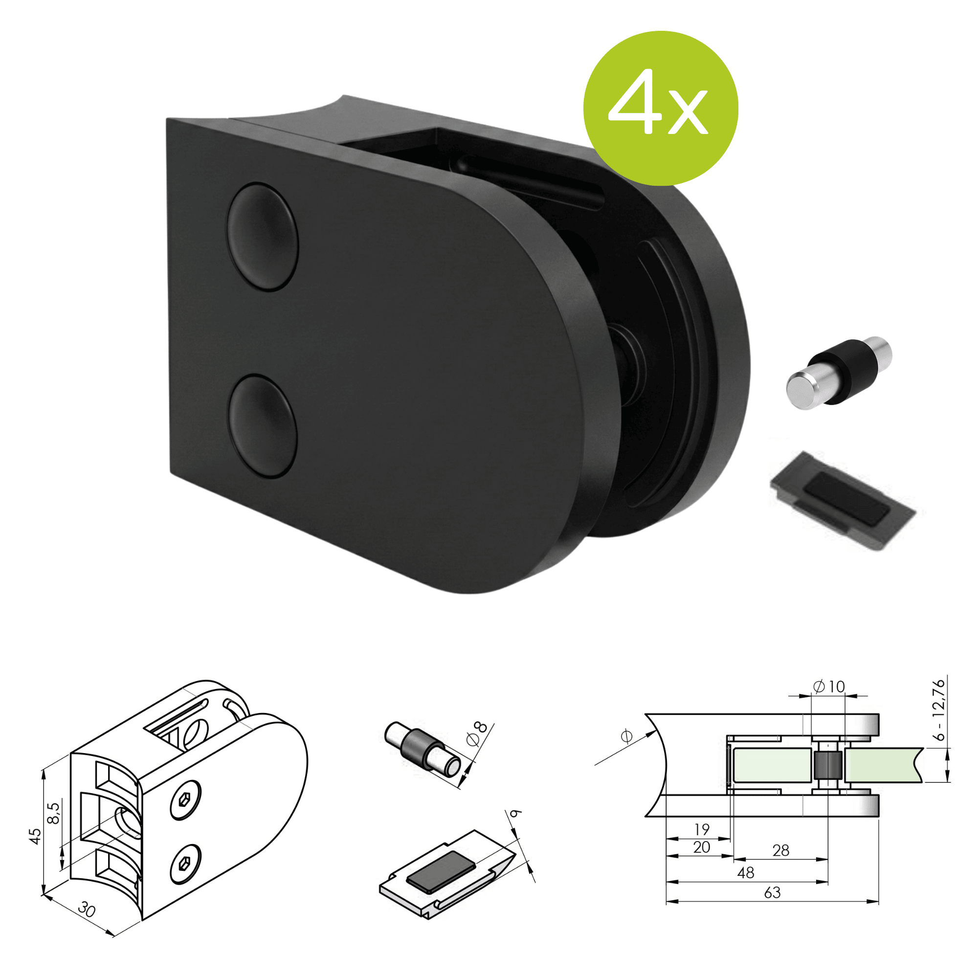 Glasklemme V2A fuer Rohr Ø 42-4 mm Schwarz pulverbeschichtet 4er Set-89-11ABL250P042SET4-A.4