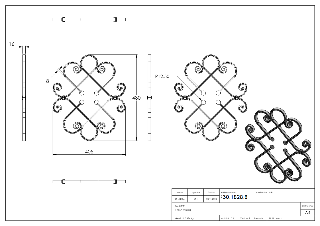 Schwerbarock - Masse- 405x480 mm - Material- 16x8 mm- gerillt - Stahl S235JR- roh-30-1828.8