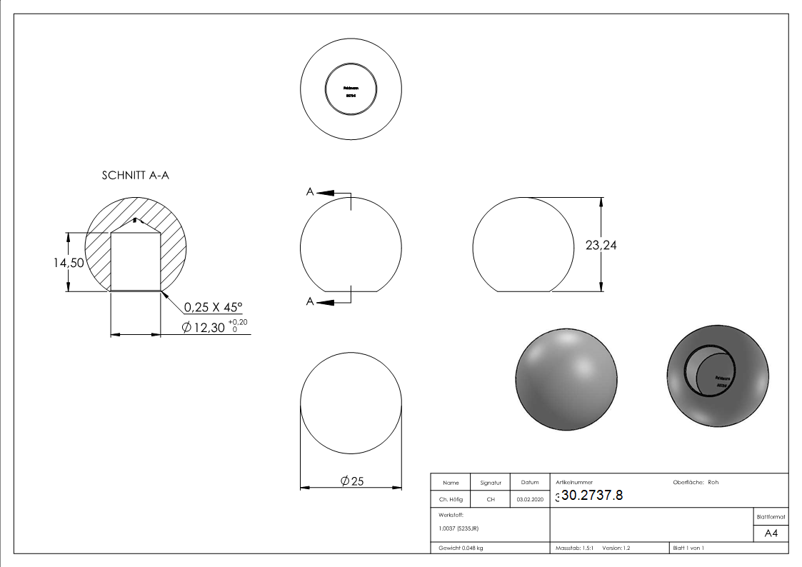 Kugel Ø 25 mm - mit Sackloch 12-2 mm - Stahl S235JR- roh-30-2737.8