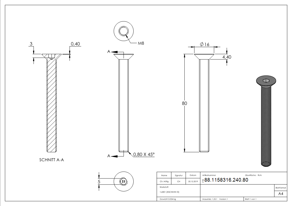 Senkkopfschraube V2A -1-4301- M8x80 Innensechskant Vollgewinde ISO 10642-88-1158316-240.80