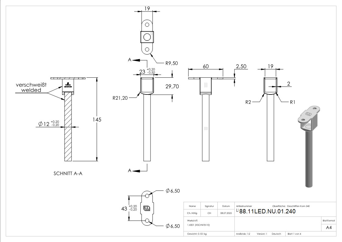 Anschlussstift V2A L 145 mm Ø12 mm Nut 24x24 mm voll fuer LED Handlauf-88-11LED-NU-01.240