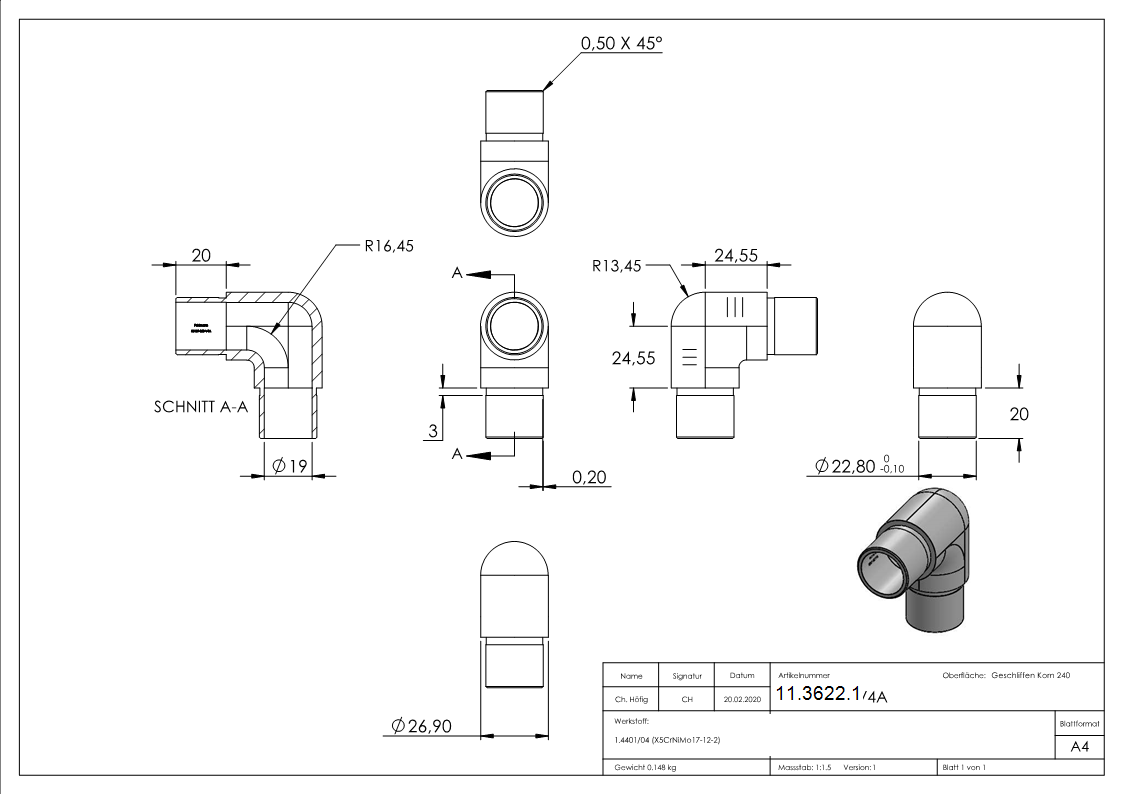 Rohrbogen V4A fuer Rohr Ø 26-9 x 2-0 mm 90° eng-11-3622.1