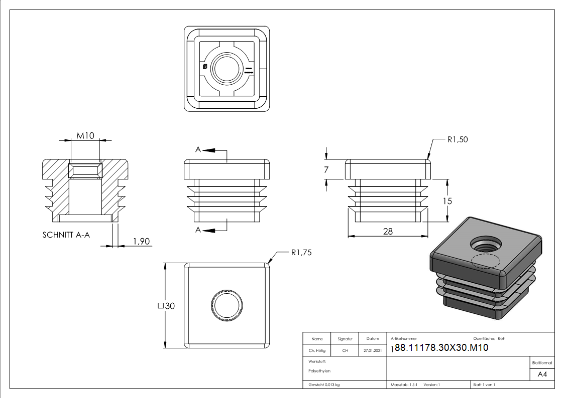 Kunststoffkappe Kunststoff fuer Quadratrohr 30 x 30 mm mit M10 Gewinde schwarz-88-11178-30X30.M10