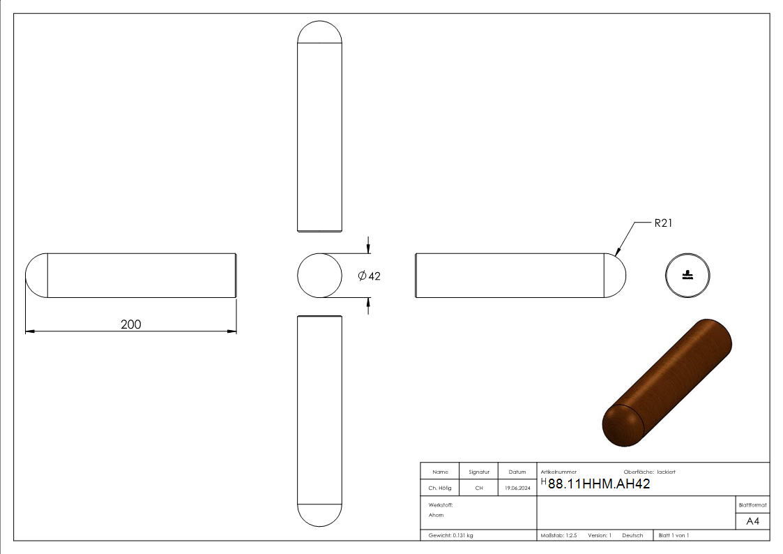 Holzhandlauf Ahorn Ø 42 mm- Laenge 200 mm- lackiert-88-11HHM.AH42