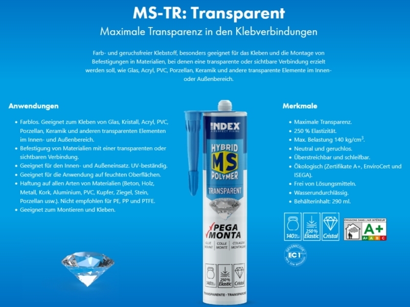 Hybridkleber MS Polymer 290 ml transparent Haftkraft 140 kg-10 cm²-88-11KL140.T