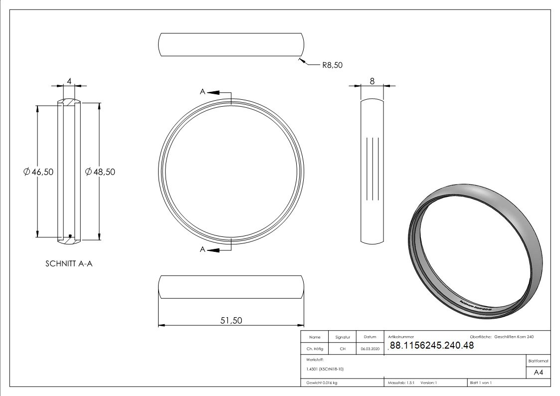 Verbindungsring V2A fuer Ø 48-3 mm Rohr geschliffen K240-88-1156245-240.48