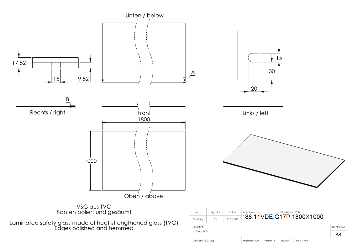 Vordachglas VSG aus TVG mit PVB 1800x1000 mm fuer Eleganza System-88-11VDE-G17P.1800X1000