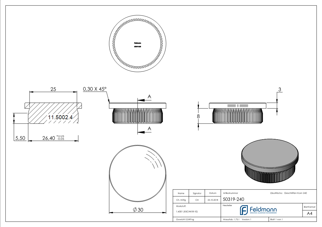 Rohrstopfen fuer Ø 30-0x2-0 mm flach zum Einschlagen V2A-11-5002.4