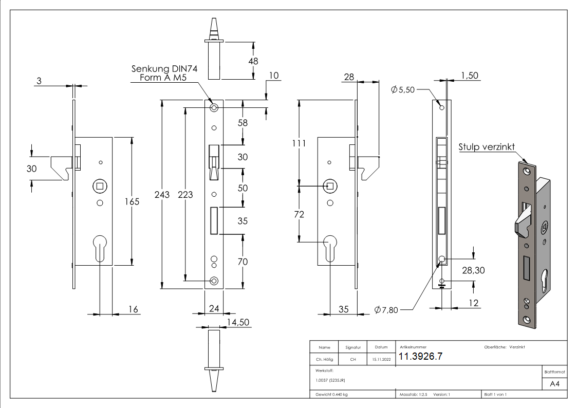 Rohrprofilschloss mit Hakenfalle - Dornmass- 35 mm - Stahl -verzinkt- S235JR-11-3926.7
