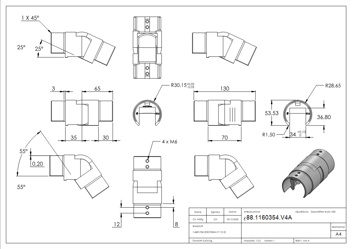 Verbinder flexibel Edelstahl V4A fuer Nutrohr Ø 60-3 x 1-5 mm abwaerts 25-55°-88-1160354.V4A
