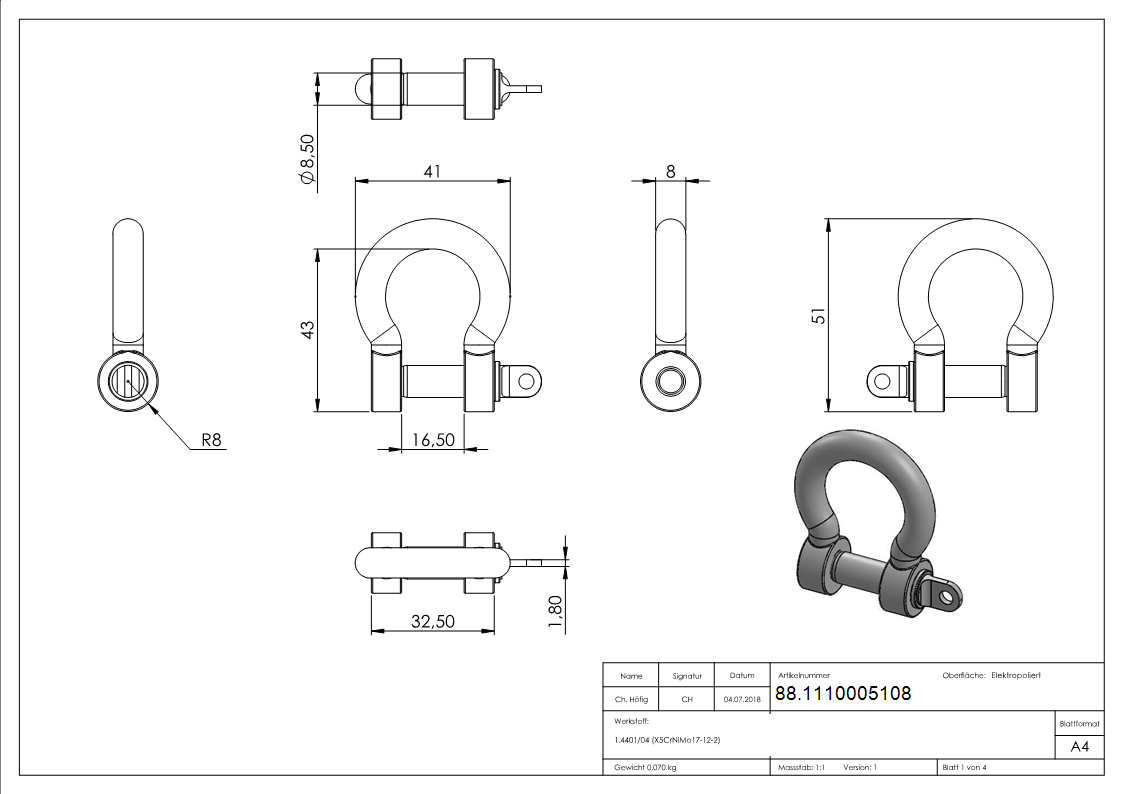 Gebogener Schaekel Edelstahl V4A M8 mit Bolzen-88.1110005108