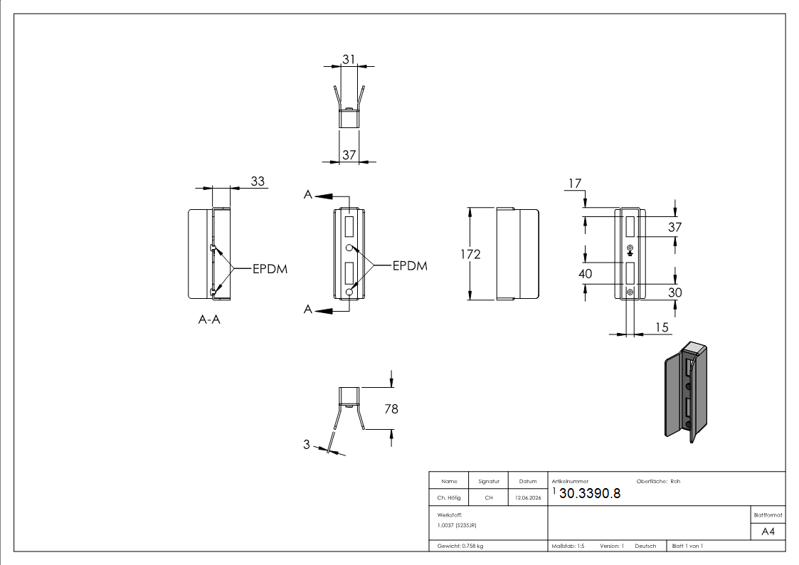 Schliekasten Stahl roh fr 30 mm Profil Schiebetore-30-3390.8