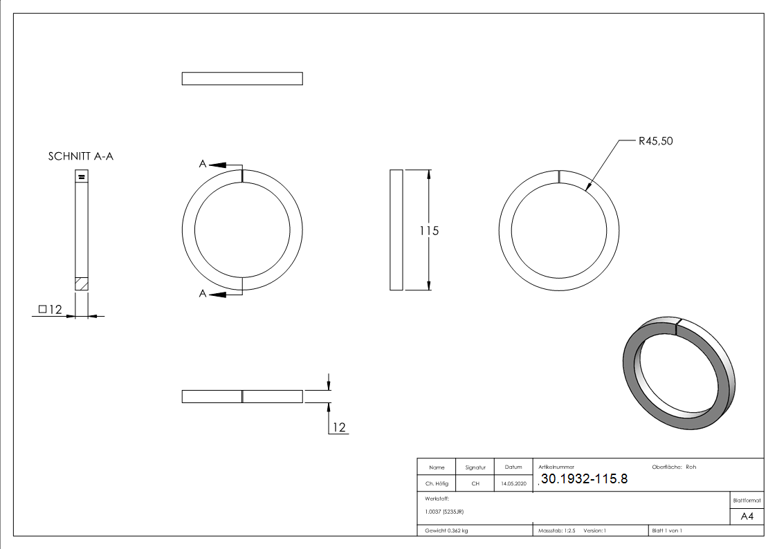 Ring - Material- 12x12 mm - Aussen-Ø 115 mm - Stahl S235JR- roh-30-1932-115.8