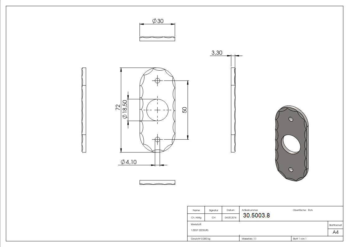 Drueckerrosette - Masse- 72x30 mm - Stahl -Roh- S235JR-30-5003.8