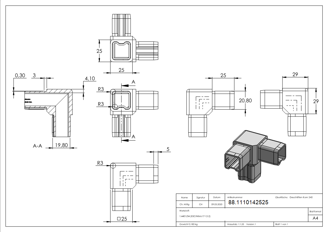 Eckverbinder V4A fuer Rohr 25x25x2 mm steckbar-88.1110142525