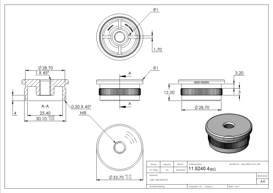 Rohrstopfen fuer Ø 33-7x2-0 mm flach mit M8 zum Einschlagen V2A-11-5240.4
