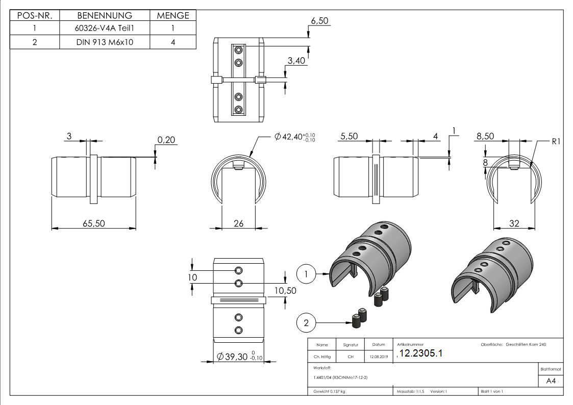 Verbinder - fuer Nutrohr Ø 42-4 mm - V4A-12-2305.1