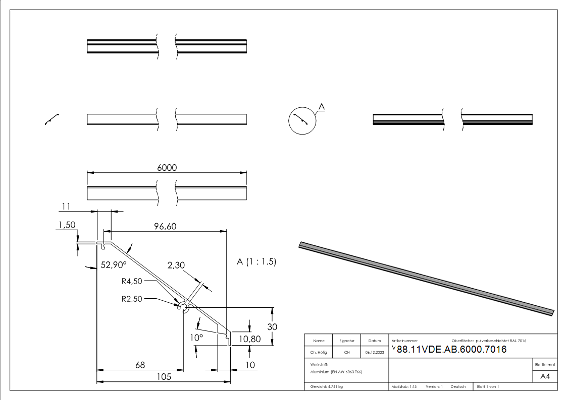 Design-Abdeckung fuer eleganza canopy- L- 6000mm- RAL 7016-88-11VDE-AB-6000.7016