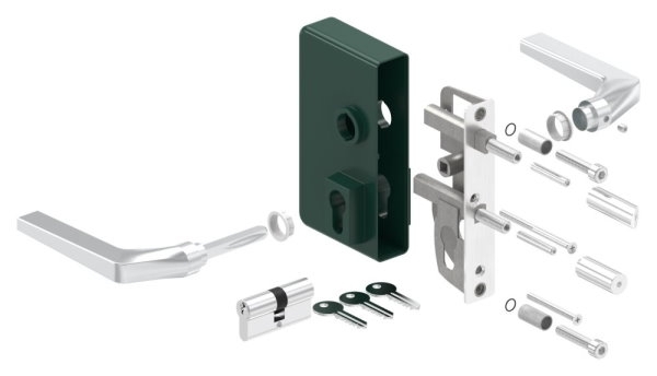 Gittertorschloss GTS 2 fuer Rohrstaerke 40-60mm- montagefertiges Set- moosgruen-88-1156700-ALU.6005