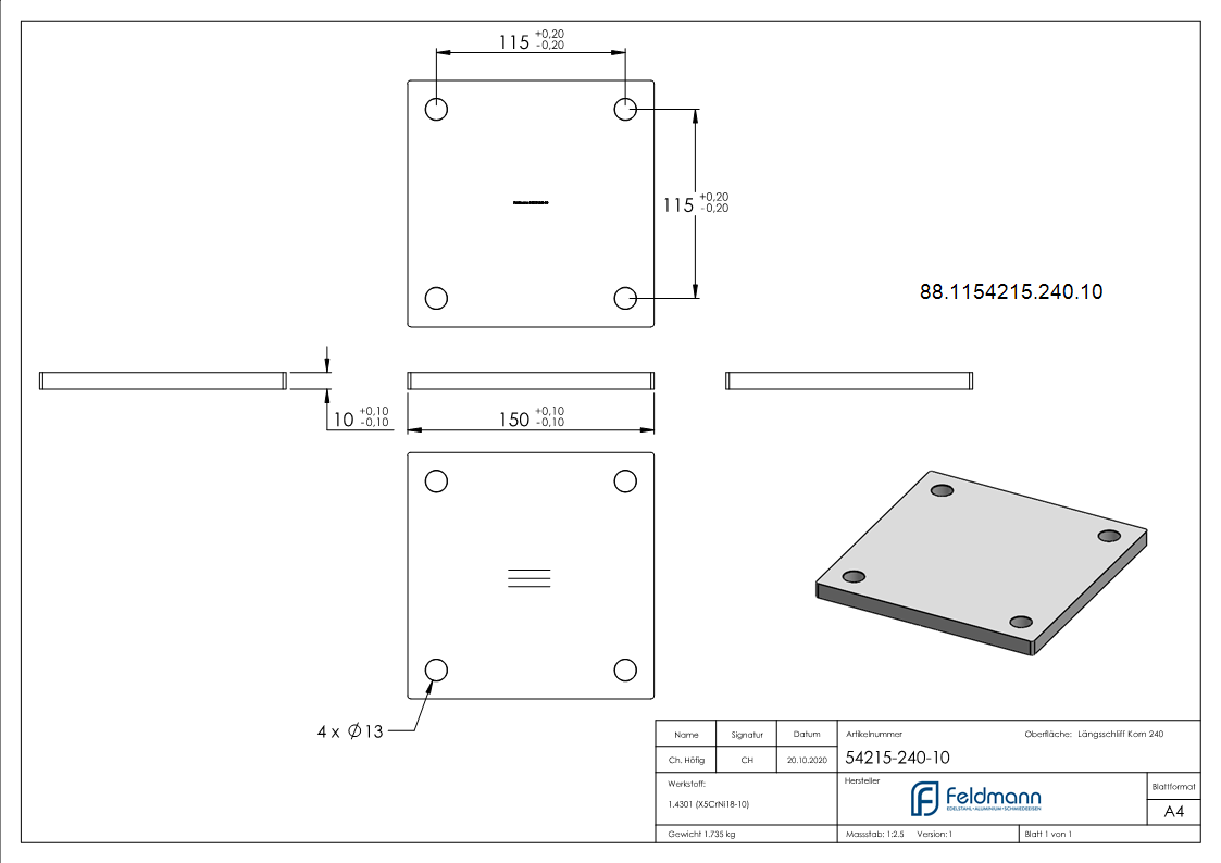 Ankerplatte- 150 x 150 x 10mm- mit Laengsschliff- V2A-88-1154215-240.10