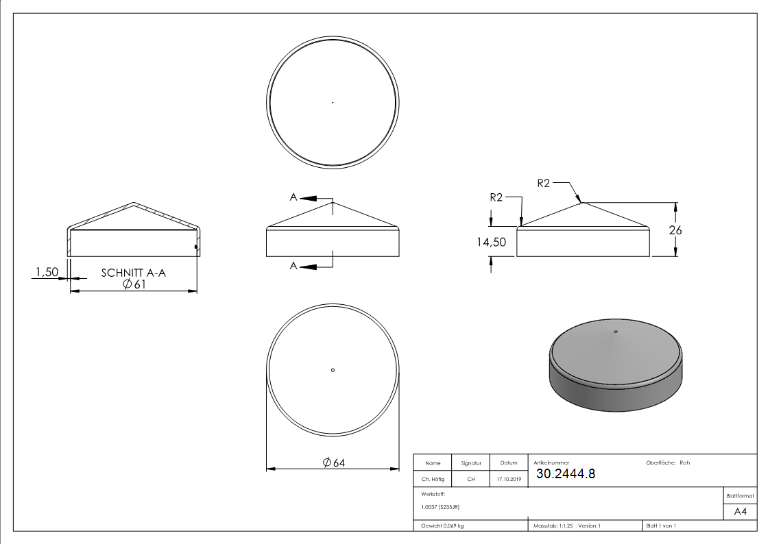 Abdeckkappe - fuer Rundrohr - Ø 60-3 mm - Stahl S235JR- roh-30-2444.8