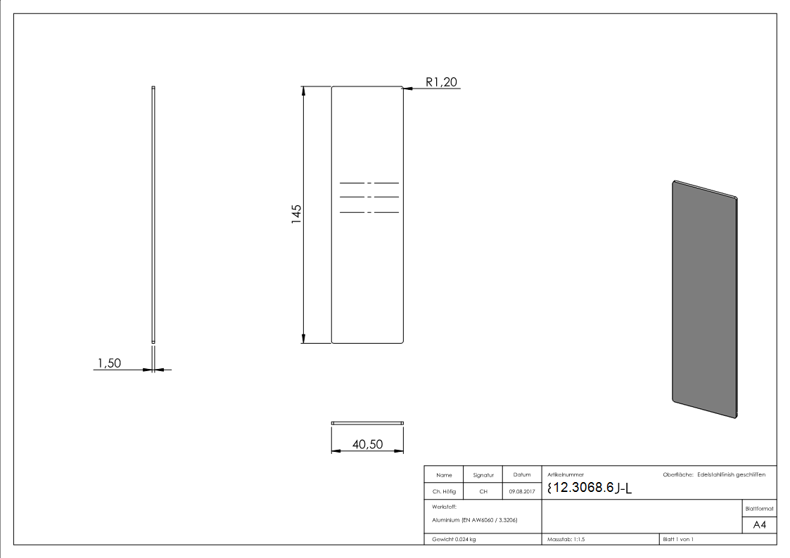 Endkappe - fuer Ganzglasgelaender - fuer Schraege bis 41° - Masse- 145x40-5x1-5 mm - Aluminium-12-3068.6