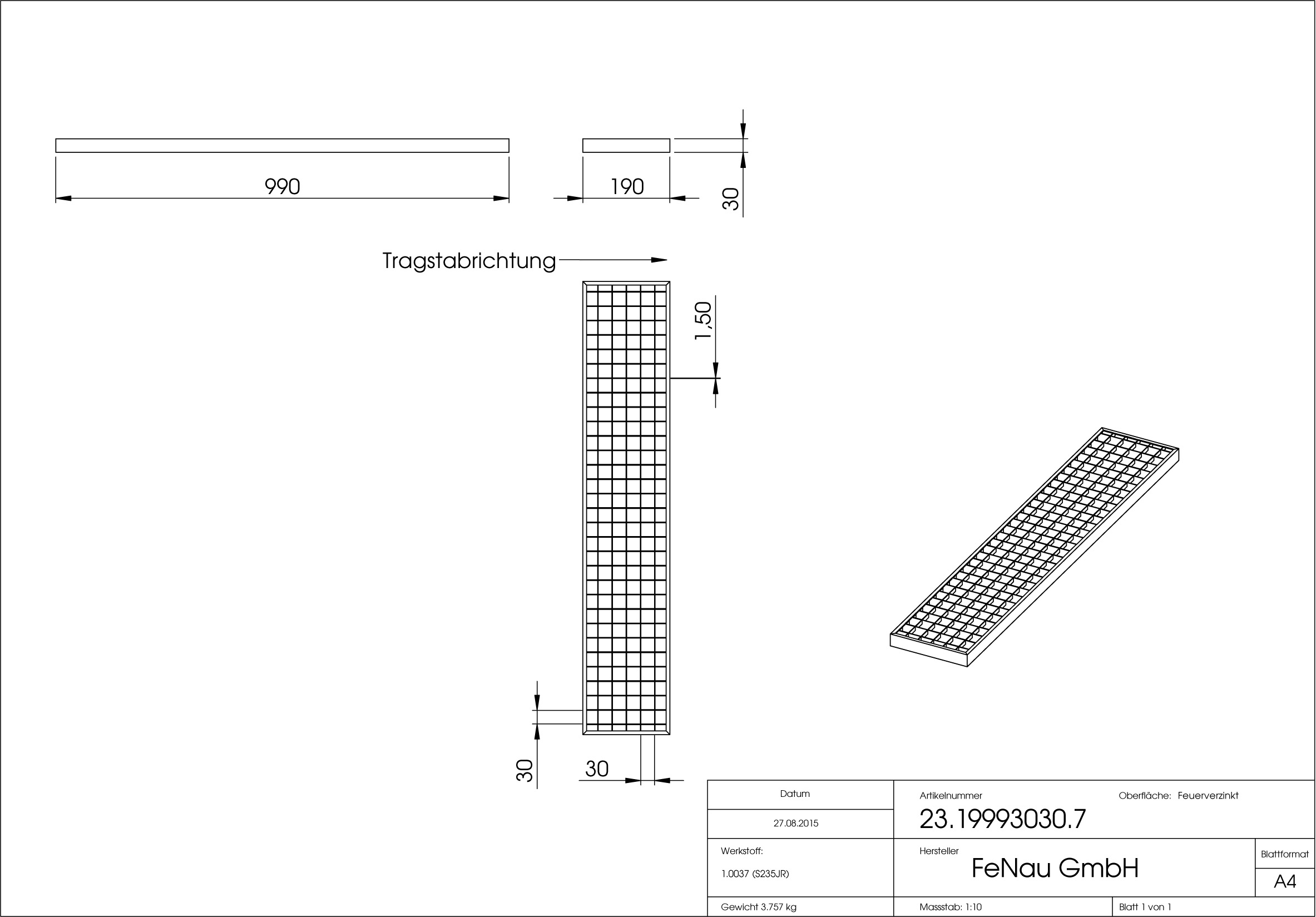 Garagen-Gitterrost - Mae-  190x990x30 mm 30-30 mm - aus S235JR -St37-2- im Vollbad feuerverzinkt-23-19993030.7