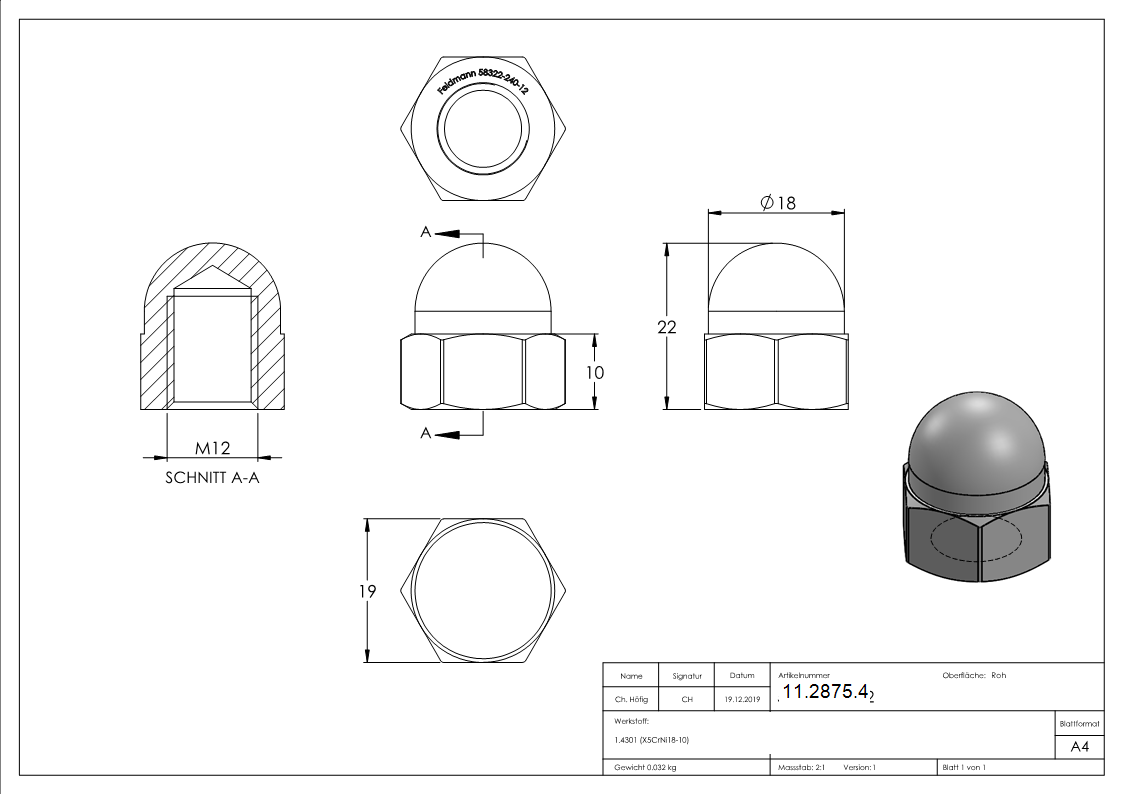 Hutmutter - Gewinde M12 - DIN 1587- A2 - V2A-11-2875.4