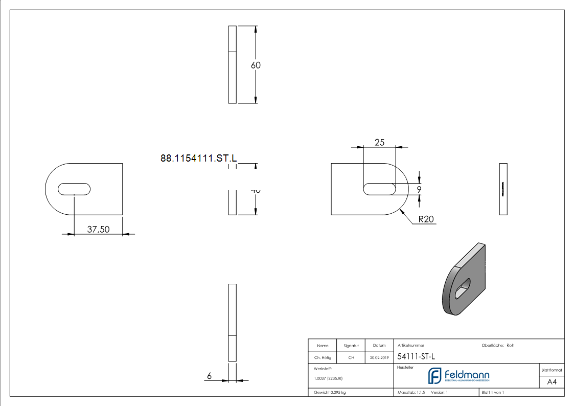 Anschweisslasche 60 x 40 x 6mm mit Langloch 9x25mm-88-1154111-ST.L