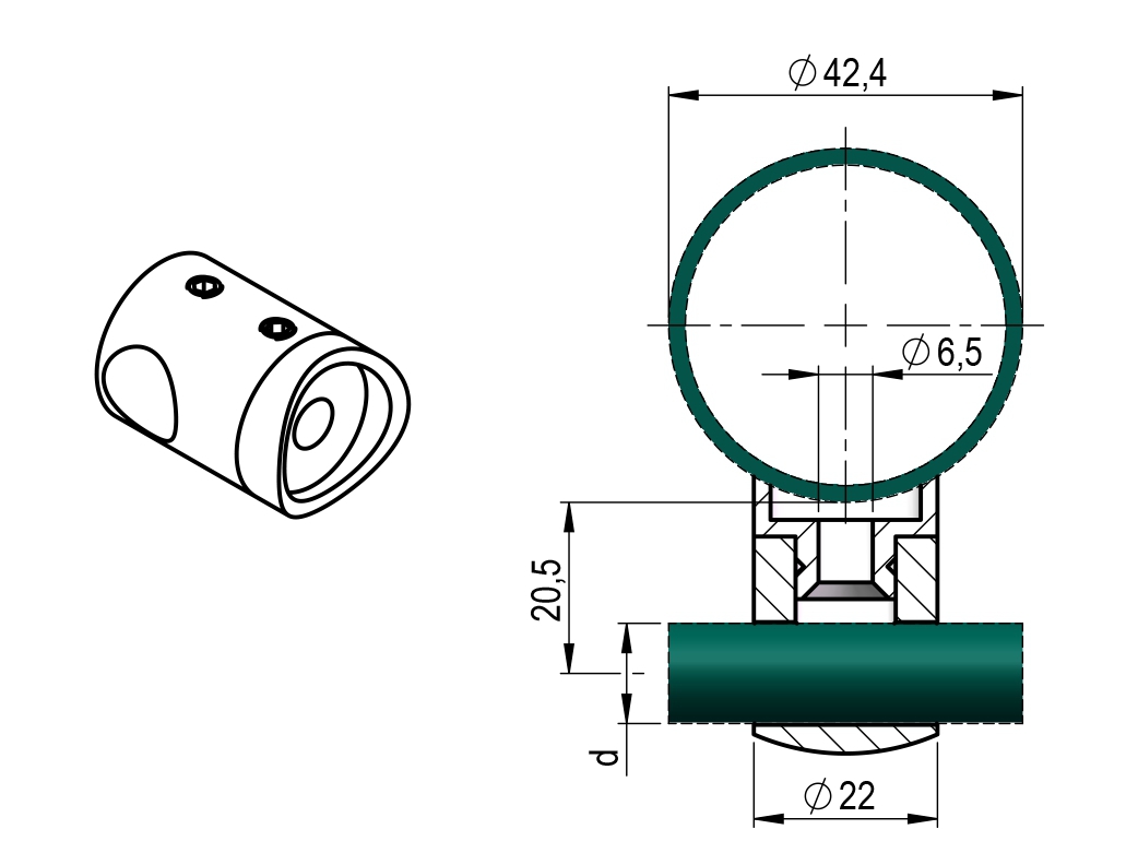 Querstabhalter V4A Edelstahl Ø 22 mm – Anschluss 42-4 mm fuer Rundstaebe 12 mm-11-1021-A.1