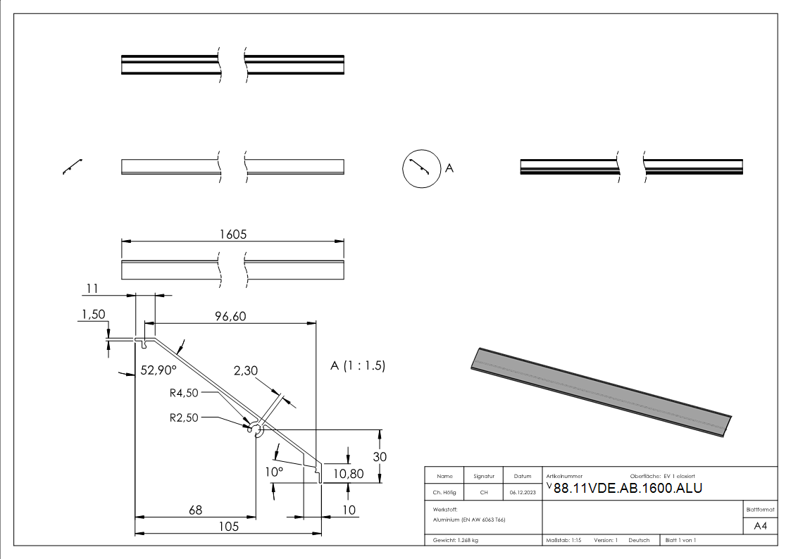 Abdeckung Aluminium L = 1605 mm fuer Vordachsystem eleganza canopy eloxiert E4-EV1-88-11VDE-AB-1600.ALU