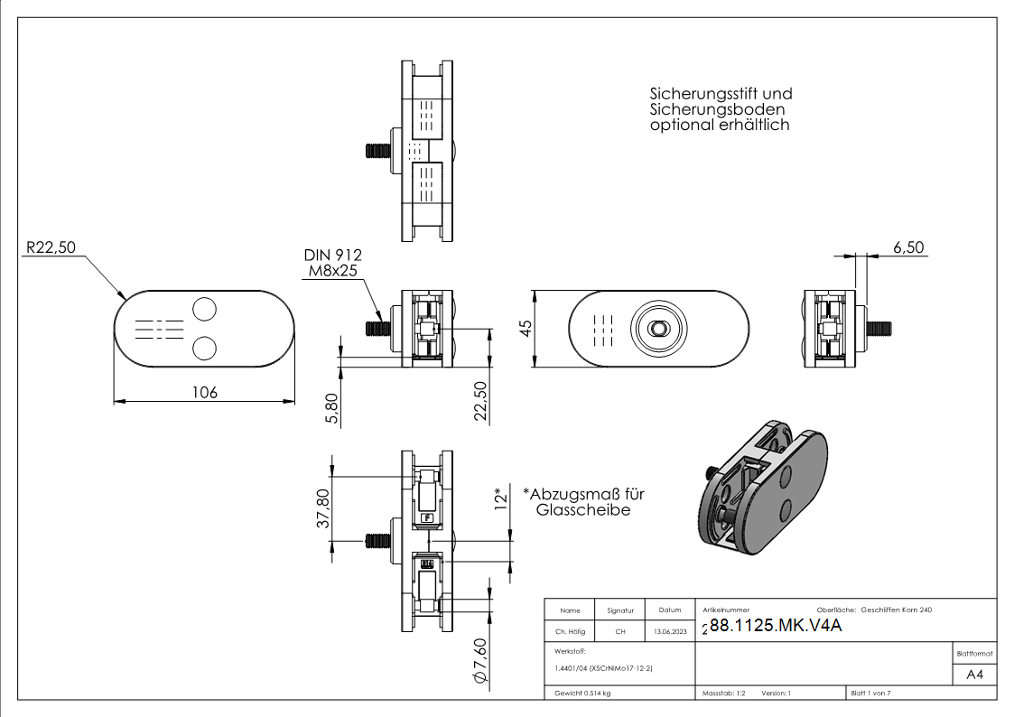 Sichtschutz Mittelglasklemme Edelstahl V4A Mod- 25 Halbrund gerade-88-1125-MK.V4A