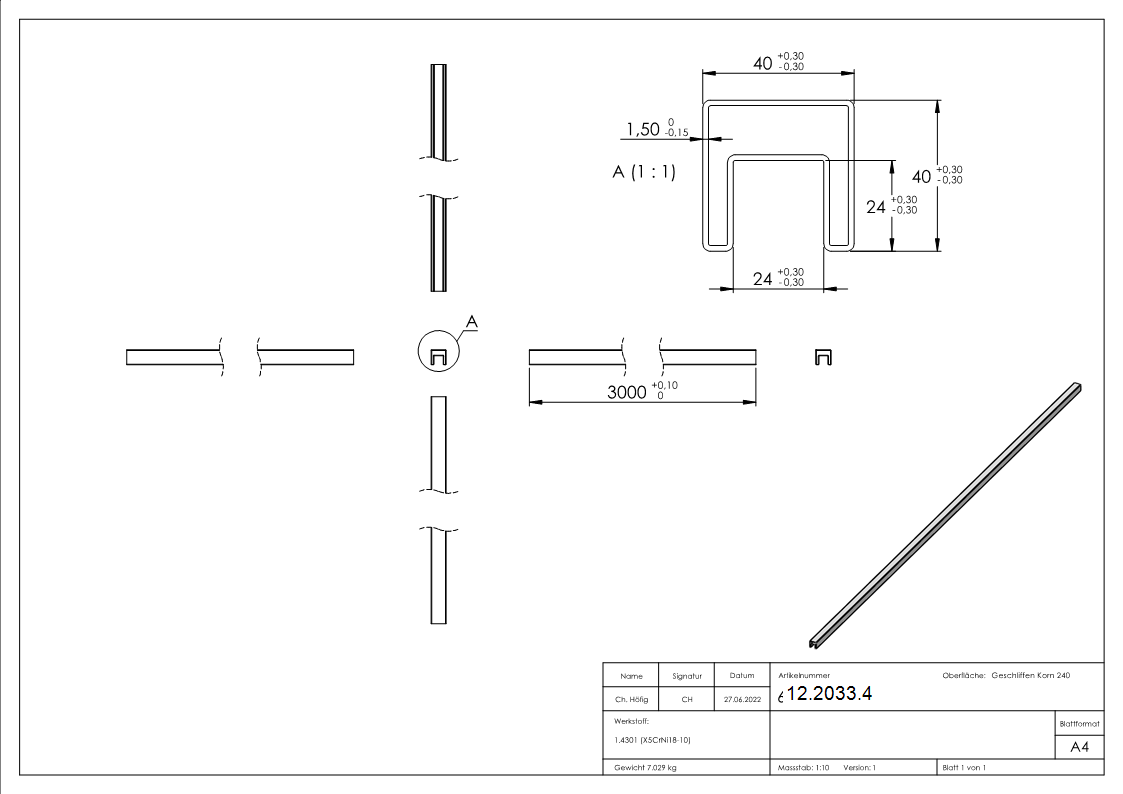 Quadrat-Nutrohr - Masse- 40x40x1-5 mm - mit Nut- 24x24 mm - Laenge- 3000 mm - V2A-12-2033.4