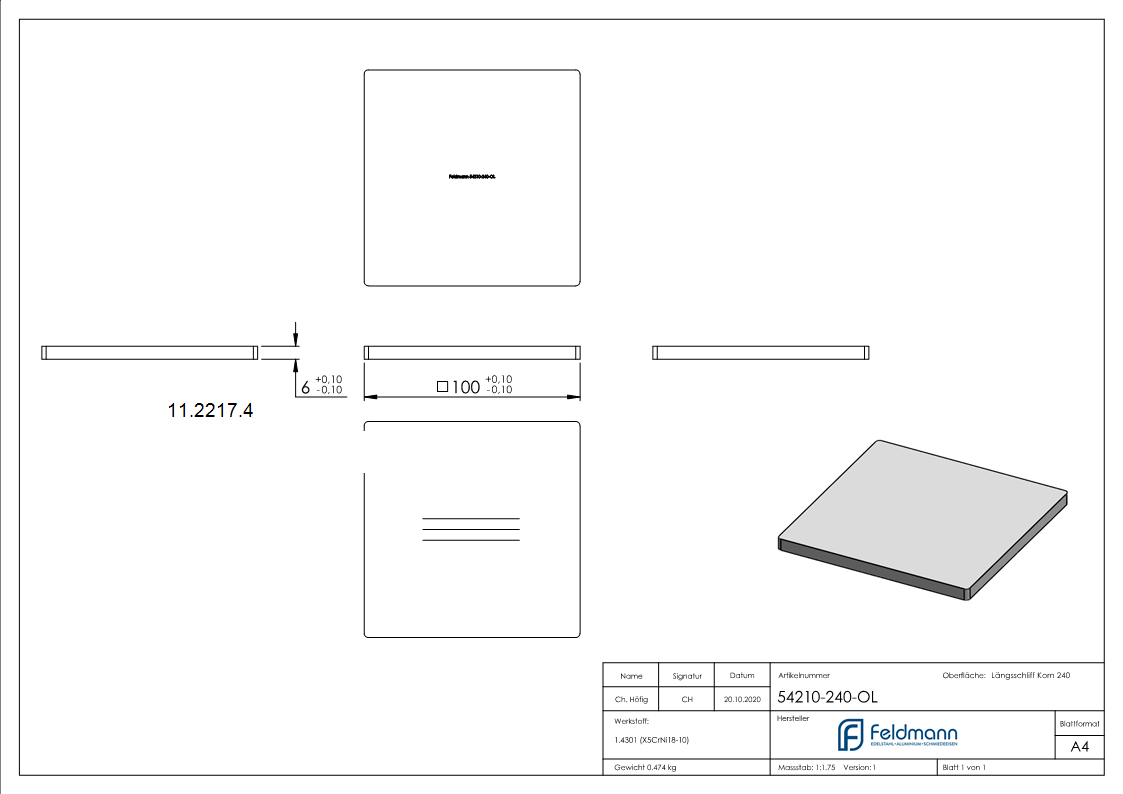 Ankerplatte Masse- 100 x 100 x 6 mm V2A-11-2217.4