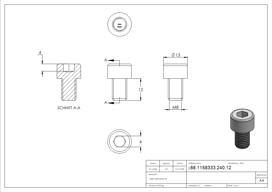 Innensechskantschraube V2A M8x12 DIN 912-88-1158333-240.12