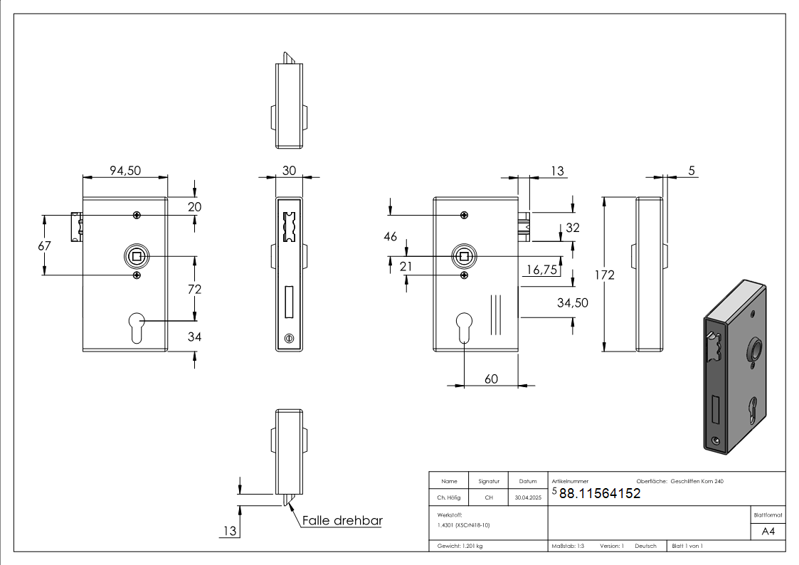 Schlosskasten Edelstahl 30 x 94 x 172 mm geschliffen-88.11564152
