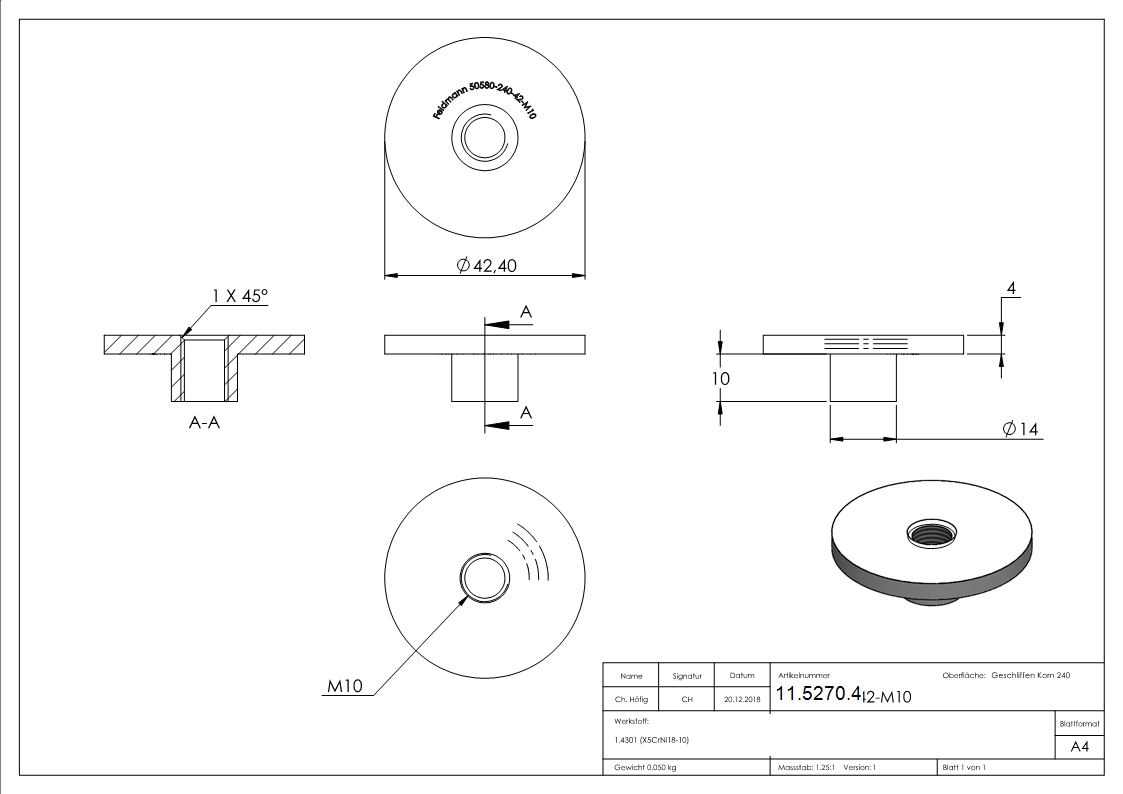 Platte flach mit M10 fuer Rohr Ø 42-4 mm V2A-11-5270.4