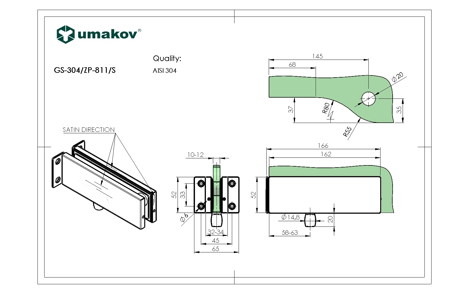 Edelstahl Glashalter mit Drehpunkt oben fuer Glas 10-12mm- geschliffen-89-11GS304ZP811S-A.4