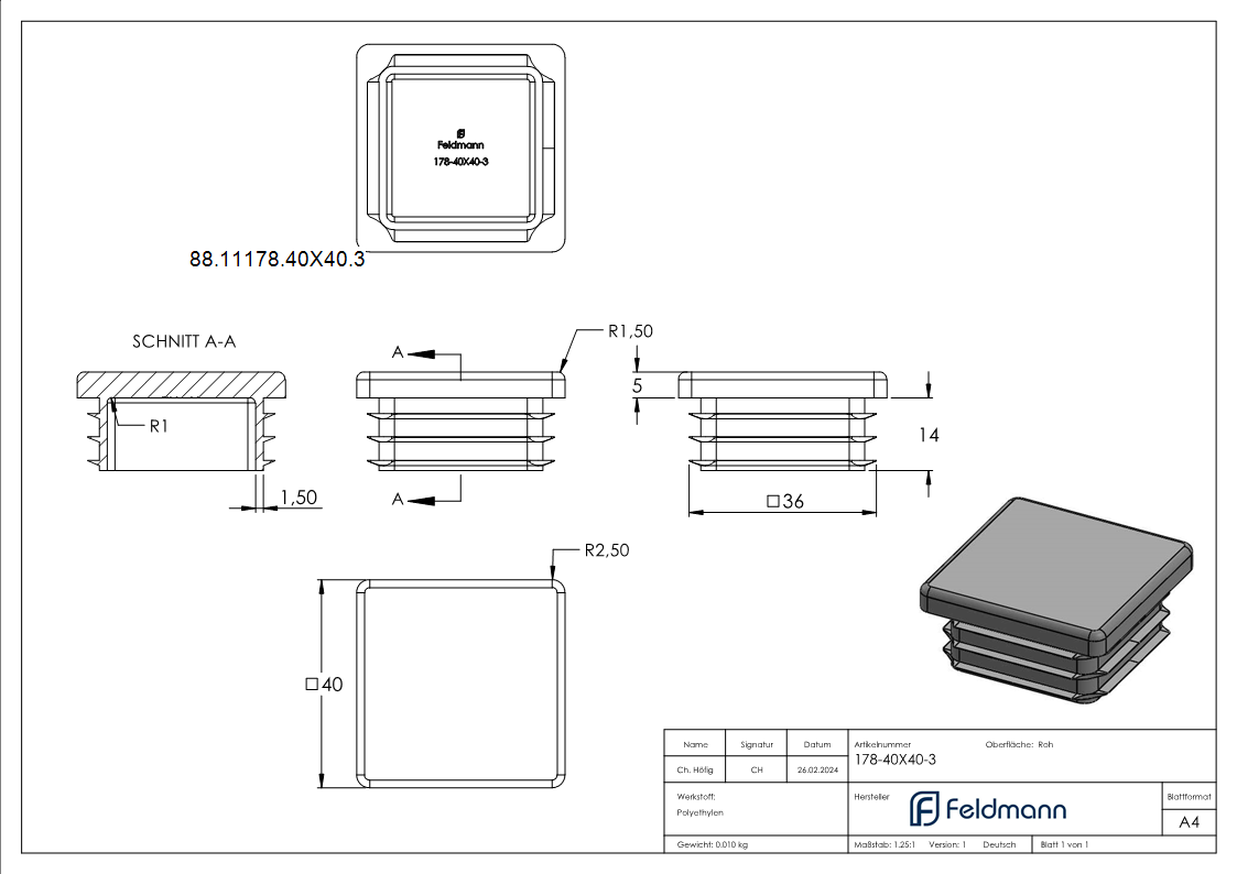 Kunststoffkappe schwarz fuer Quadratrohr 40x40x3 mm-88-11178-40X40.3