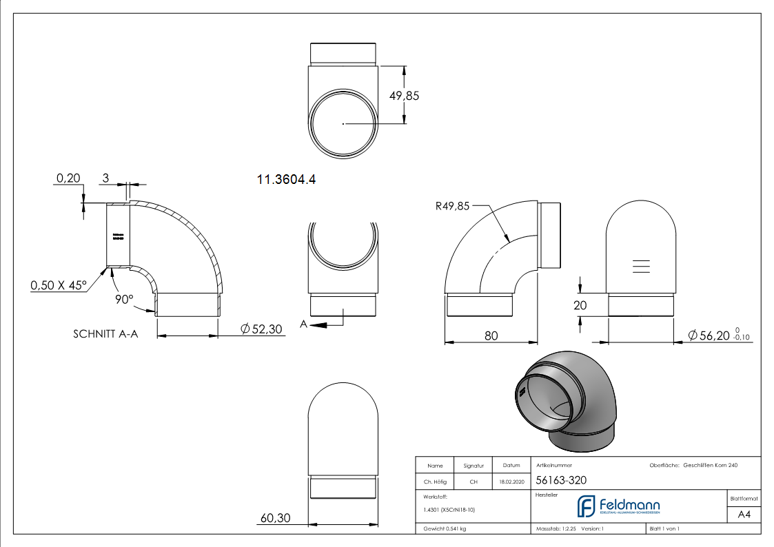 Rohrbogen V2A Ø 60-3x2-0 mm 90° zum Stecken-11-3604.4