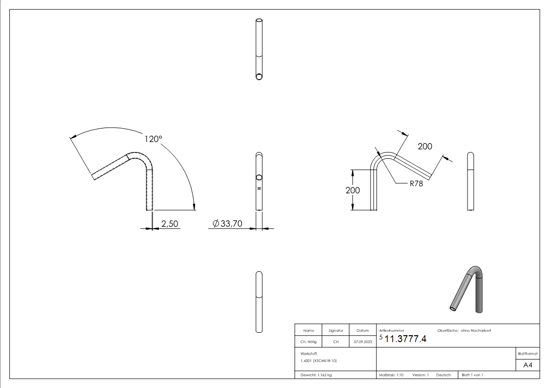 Bogen 120° zum Schweissen aus Rundrohr- Ø 33-7x2-6 mm V2A-11-3777.4