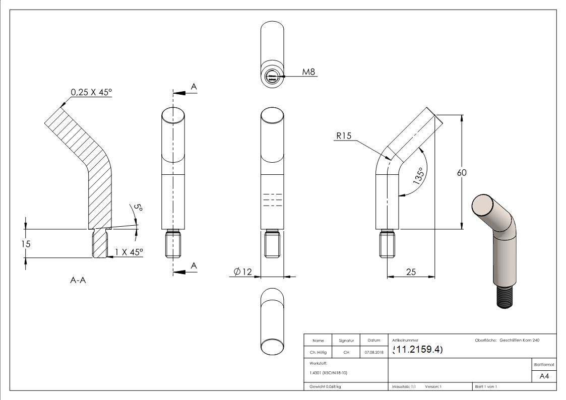 Edelstahl Traegerstift 135° gebogen Ø 12 x 60 mm - M8x15 - zum Anschweissen -V2A-11-2159.4