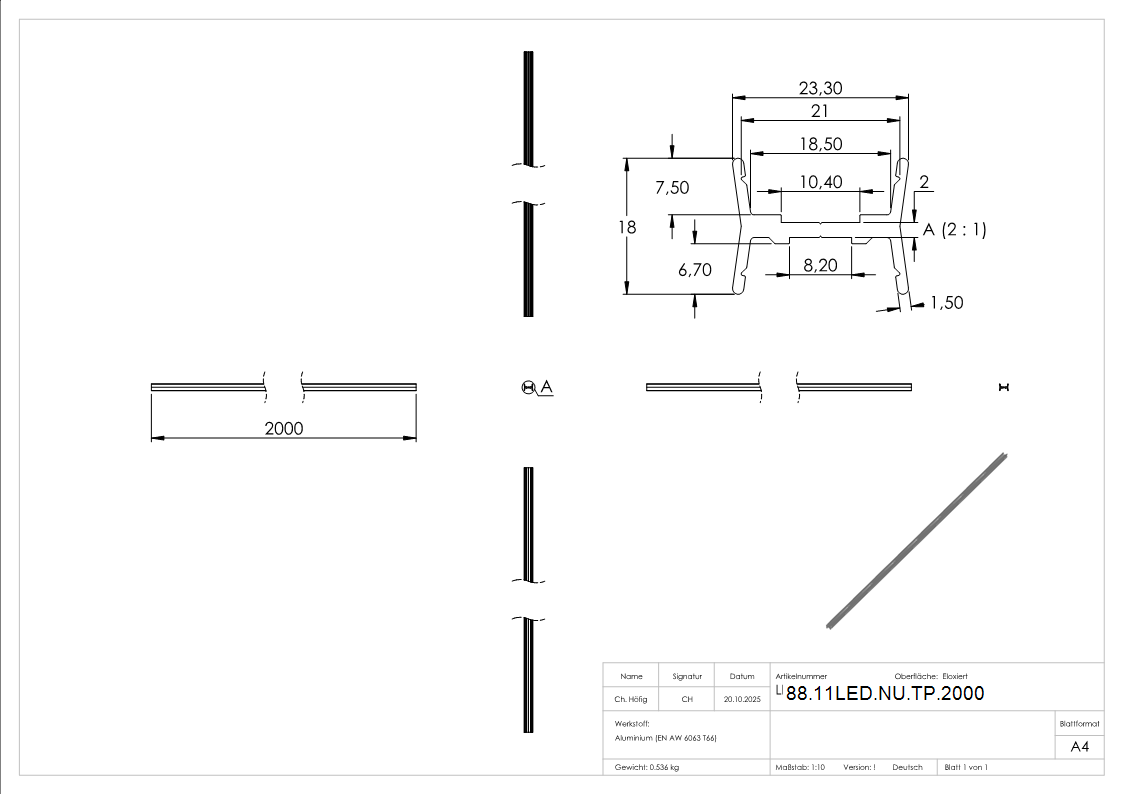 LED-Nutrohr LUNORA®- Aluminium Traegerprofil zum Wenden- fuer Rund-Nutrohr 42-4mm-  L- 2000mm-88-11LED-NU-TP.2000