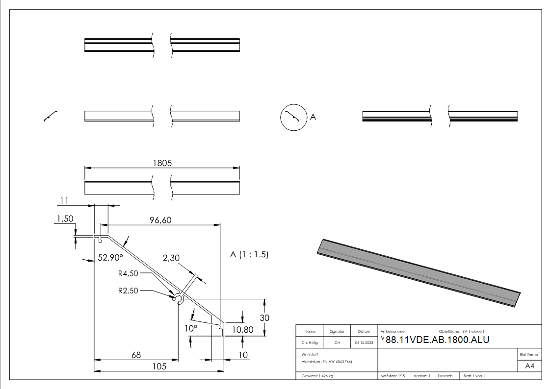 Abdeckung Aluminium L = 1805 mm fuer eleganza canopy eloxiert E4-EV1-88-11VDE-AB-1800.ALU