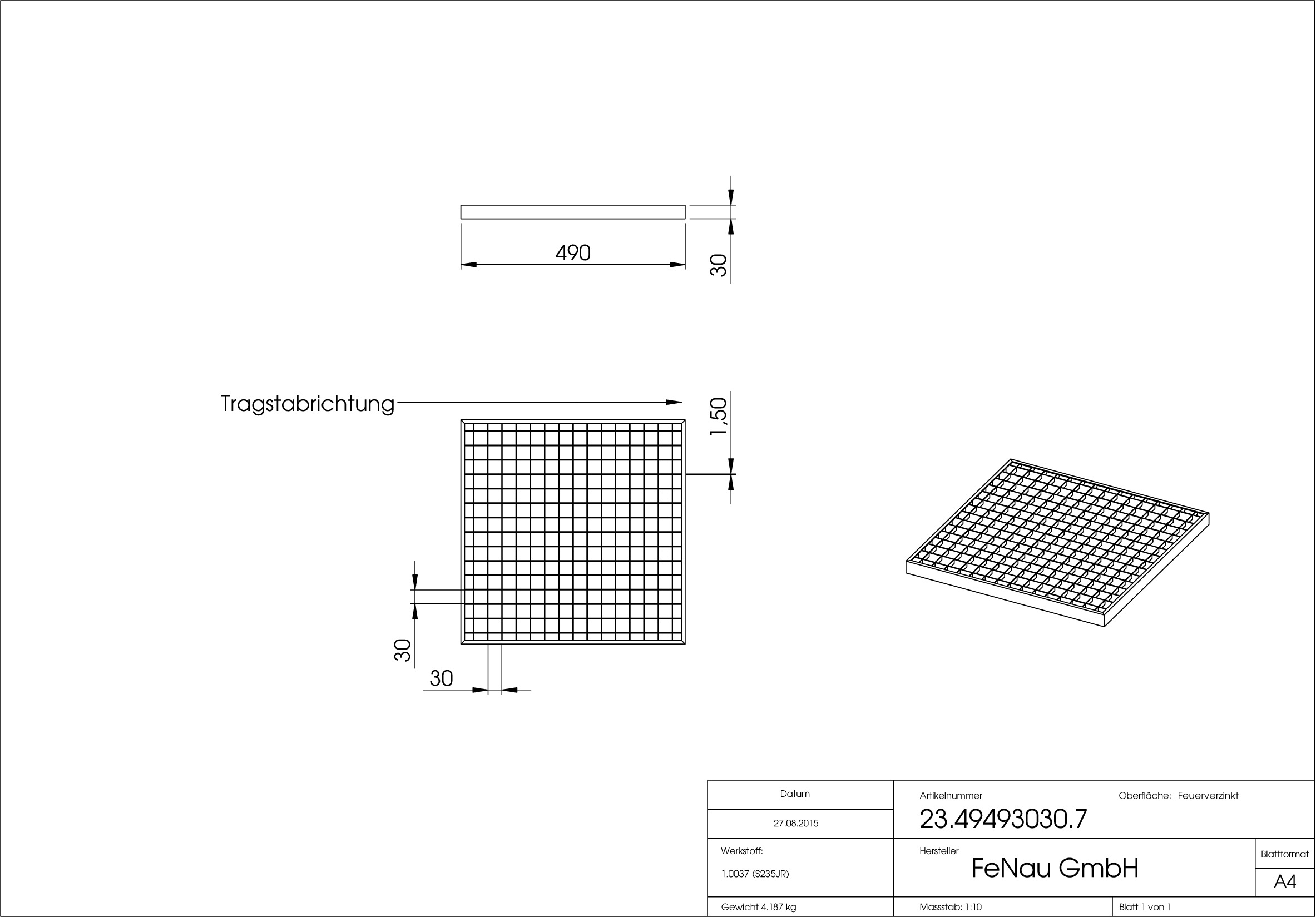 Garagen-Gitterrost - Mae-  490x490x30 mm 30-30 mm - aus S235JR -St37-2- im Vollbad feuerverzinkt-23-49493030.7
