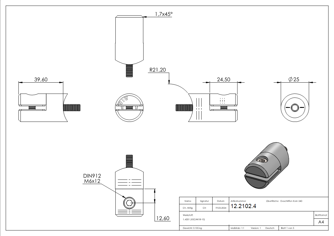Blechhalter - Plattenhalter Ø 25 mm Edelstahl V2A – Anschluss 42-4 mm inkl- Schrauben - Gummieinlage-12-2102.4