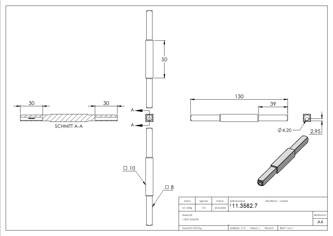 Drueckerstift - Laenge- 100 mm - Masse- 8x8 mm - Stahl S235JR- roh-11-3562.7